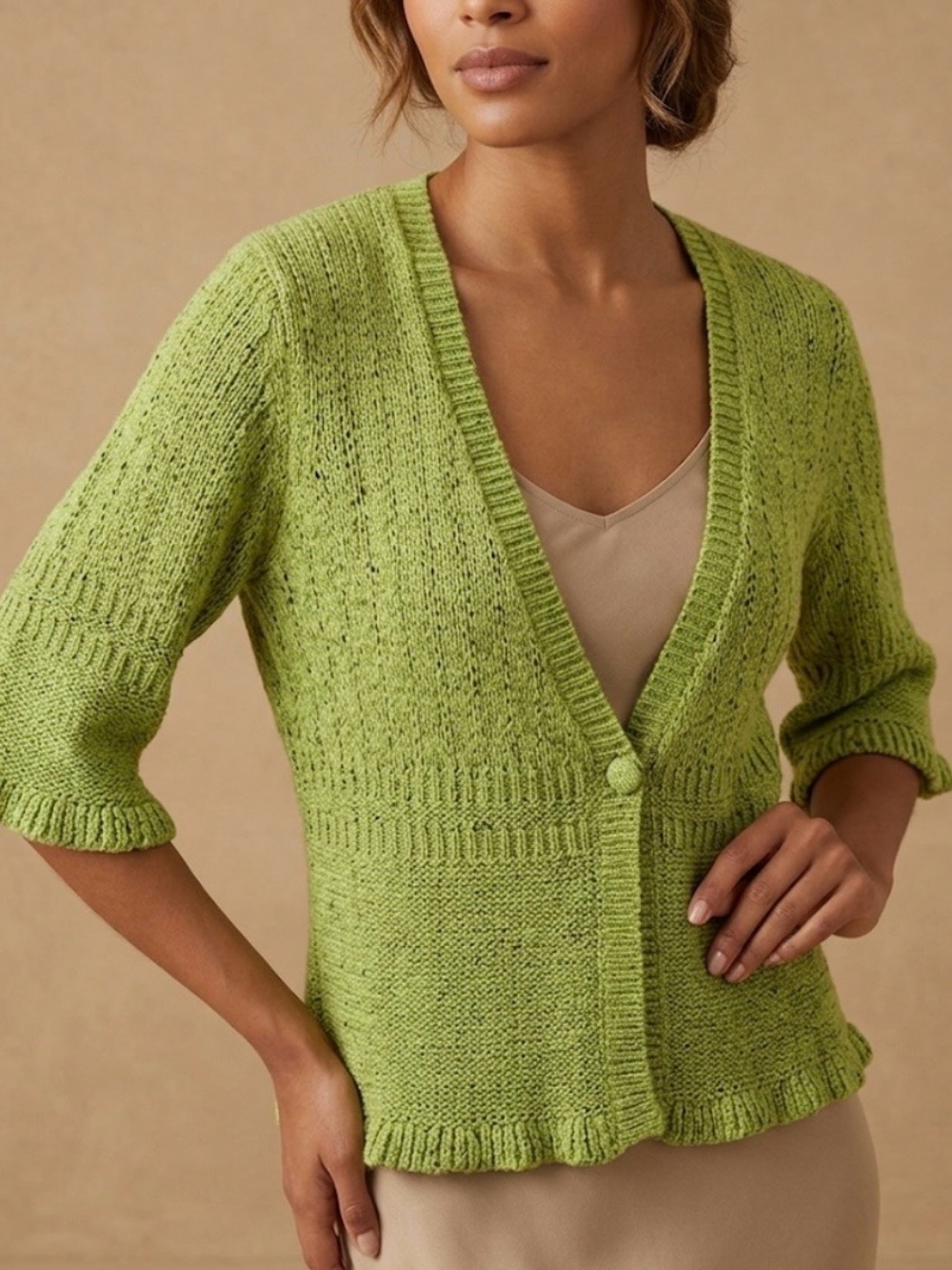 August Silk Green Cardigan Sweater Lightweight Open-Knit